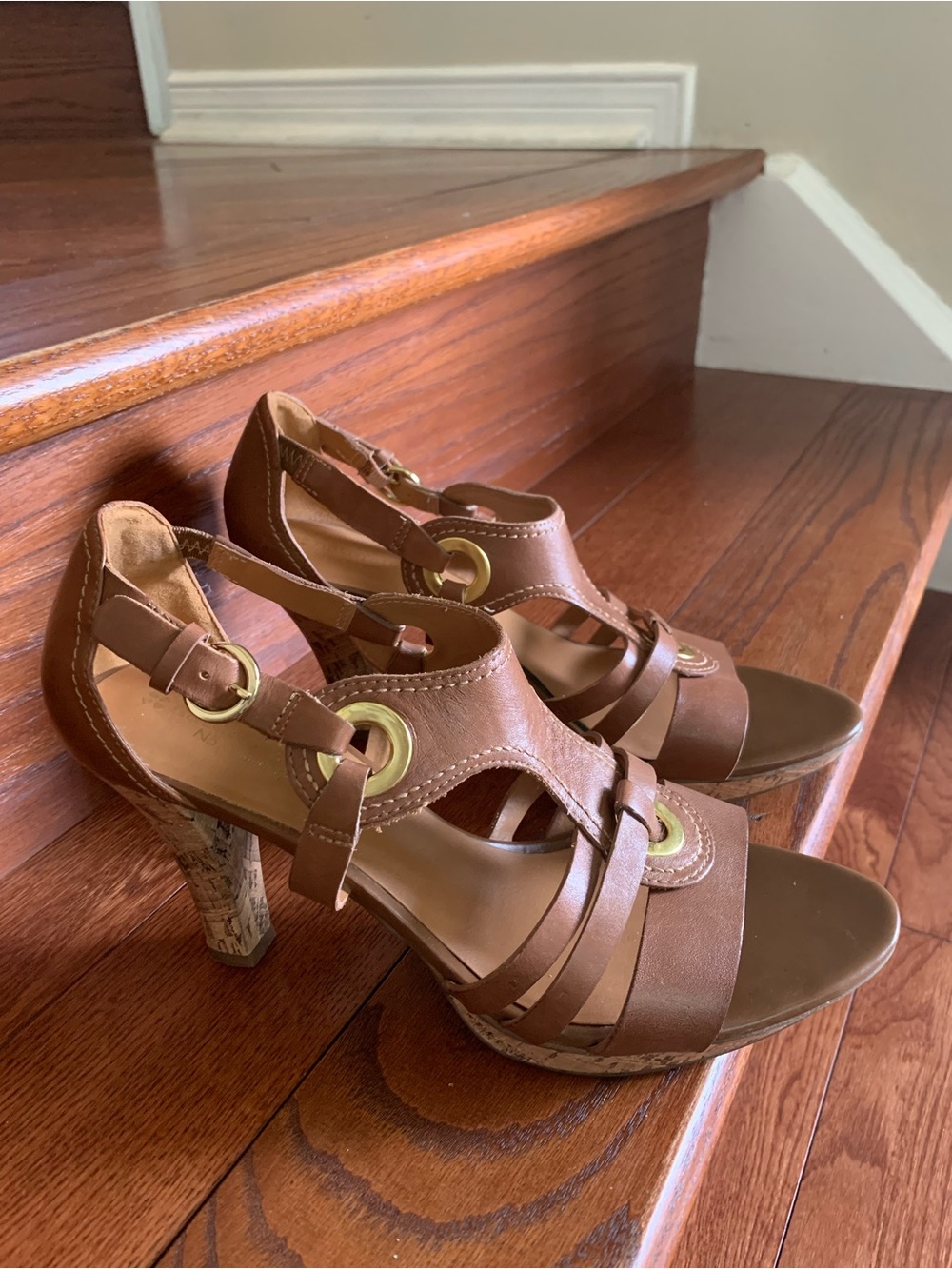 Naturalizer Brown Strappy Cork High Heel Sandals
